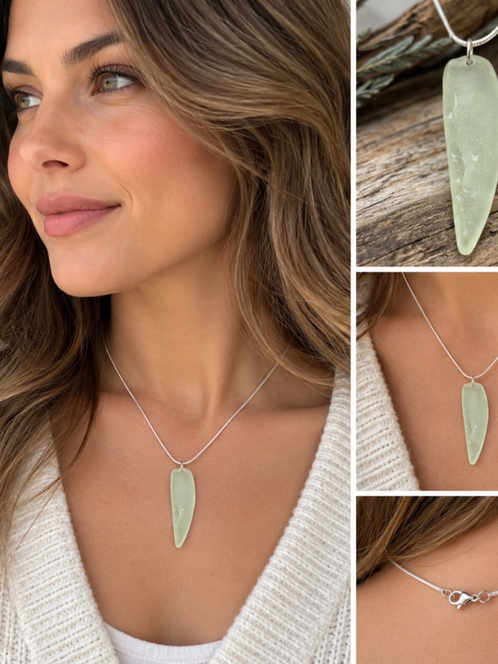 Handmade PEI Sea Glass Pendant Necklace – Pale Green Silver  Tone